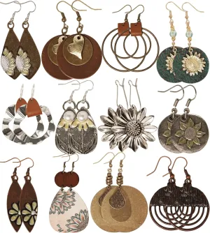 12Pairs Boho Earrings for Women Hanging Trendy Big Vintage Bohemia Bohemian Country Colorful Style Dangle Dangly Dangling Hippie Lightweight Large Fashion Style Hypoallergenic Earring Bulk Ladies Costume Jewelry Set