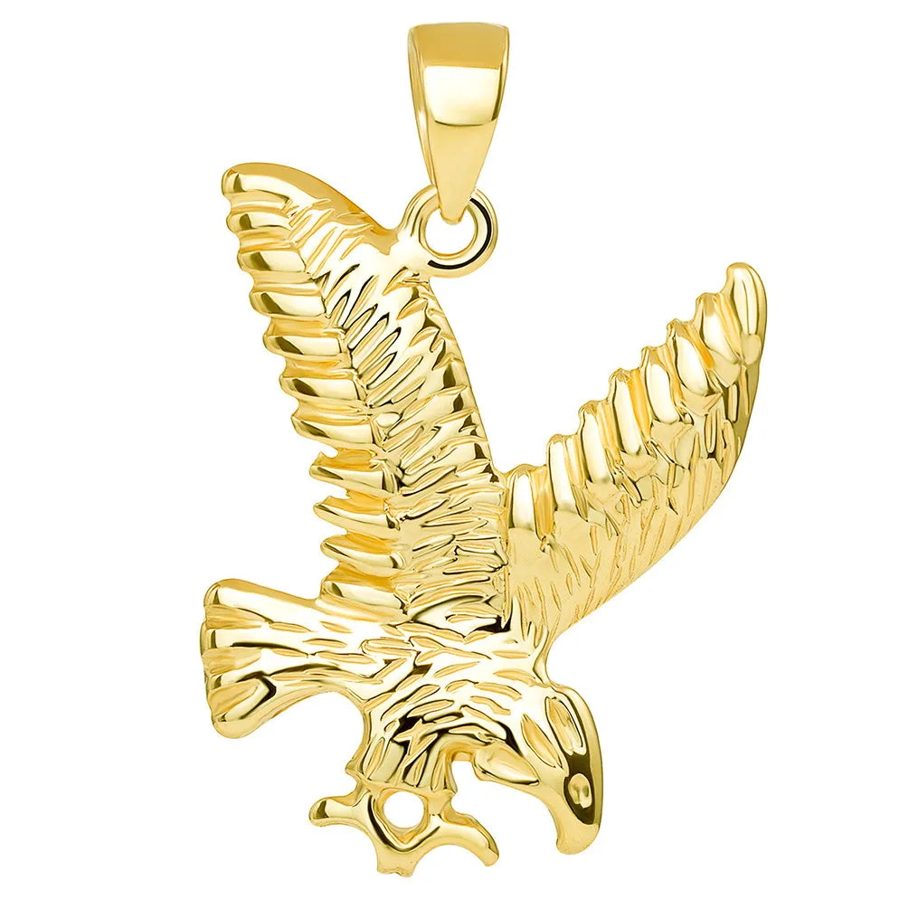 14k Solid Yellow Gold Soaring American Eagle Animal Pendant with Figaro Chain Necklace