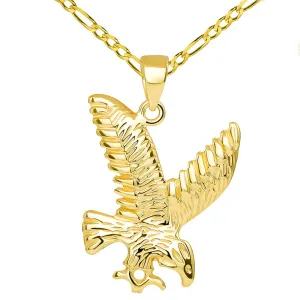 14k Solid Yellow Gold Soaring American Eagle Animal Pendant with Figaro Chain Necklace