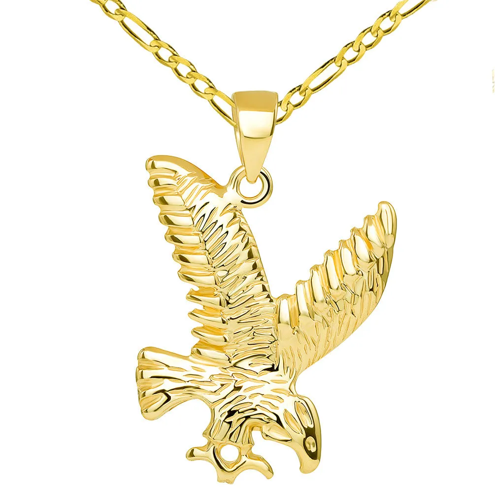 14k Solid Yellow Gold Soaring American Eagle Animal Pendant with Figaro Chain Necklace