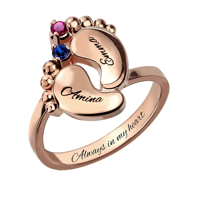 Amxiu 100% 925 Sterling Silver Baby Feet Rings For Women Mother Special Gifts Custom Two Names with Birthstones Ring Accessories