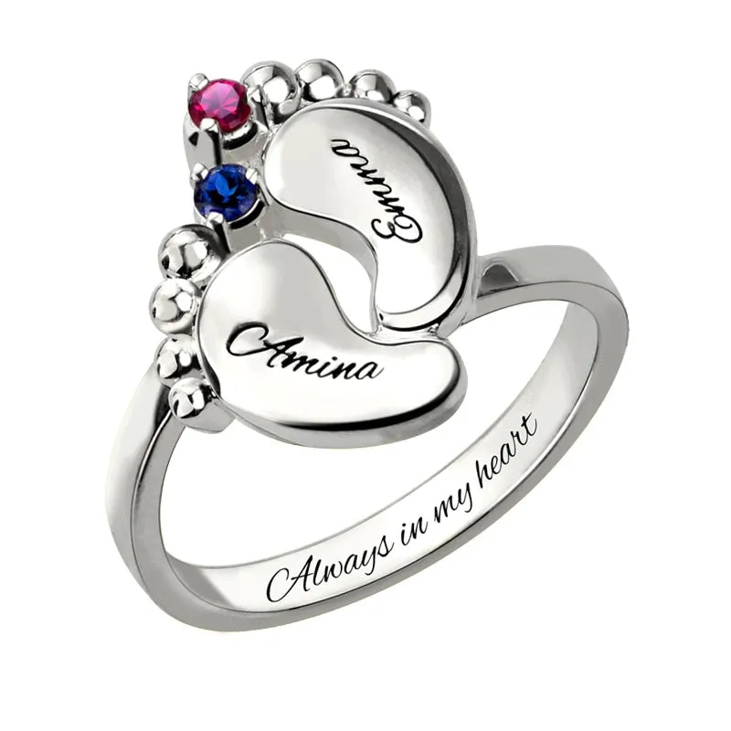 Amxiu 100% 925 Sterling Silver Baby Feet Rings For Women Mother Special Gifts Custom Two Names with Birthstones Ring Accessories