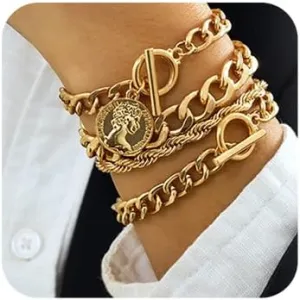 Boho Fashion Dainty Boho Gold Silver Chain Stackable Bracelets Set for Women Adjustable Beaded Coin Chunky Flat Cable Chain Punk Bracelets Jewelry for Women Gift Set of 4