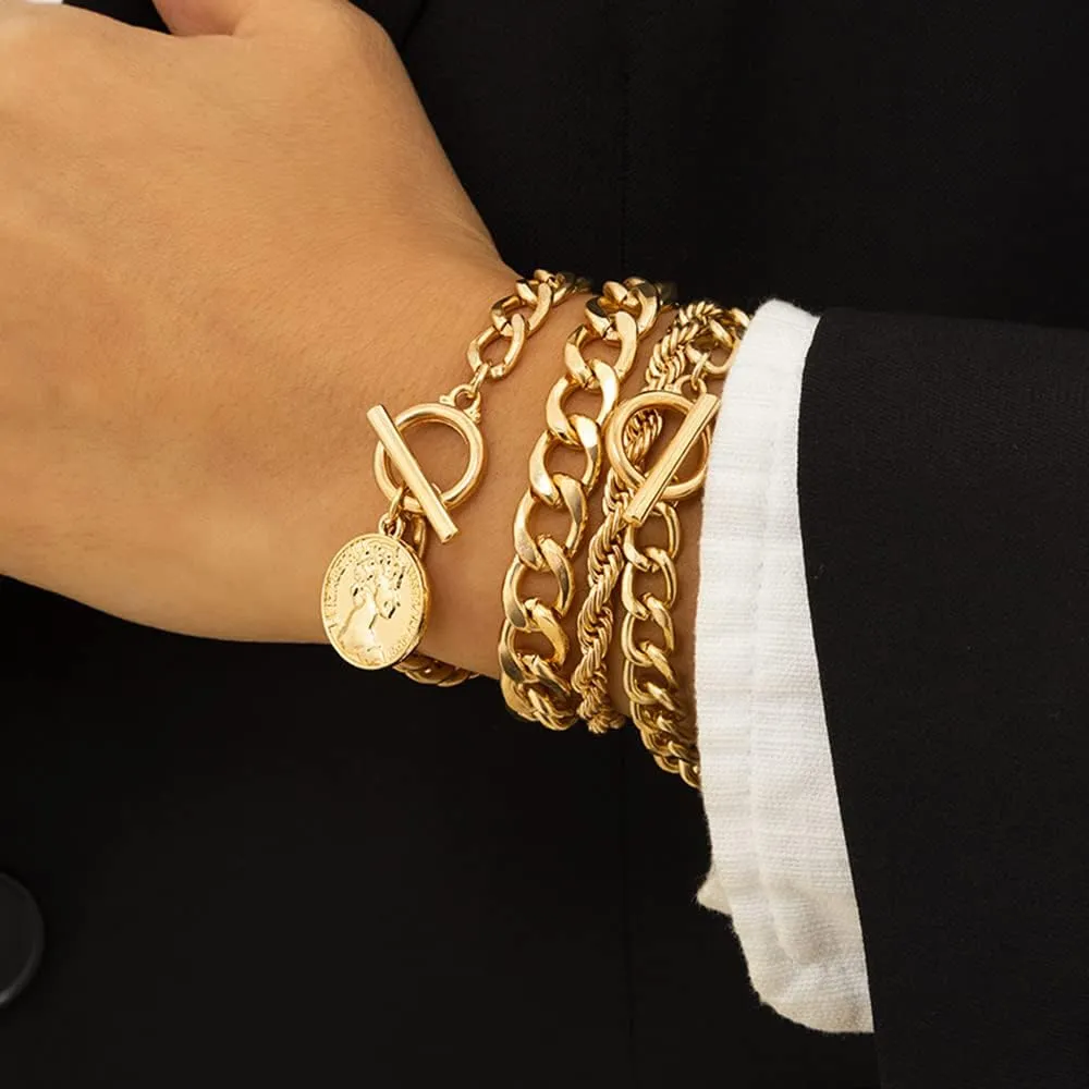 Boho Fashion Dainty Boho Gold Silver Chain Stackable Bracelets Set for Women Adjustable Beaded Coin Chunky Flat Cable Chain Punk Bracelets Jewelry for Women Gift Set of 4