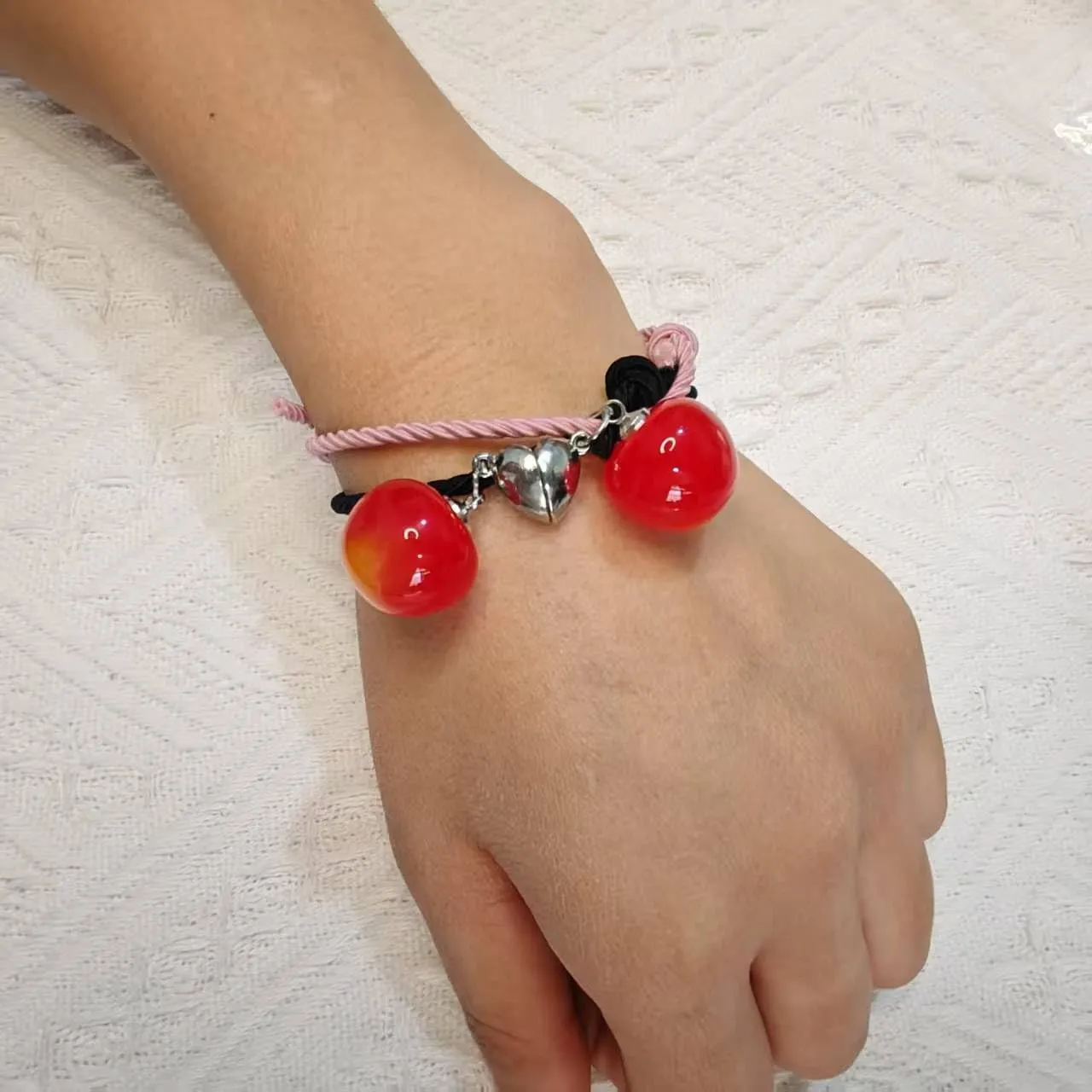Cherry Matching Bracelets for Couples Women Men Stretch Bracelets for Friendship Relationship Promise Best Friends Bff Dainty Cute Hair Tie Bracelet