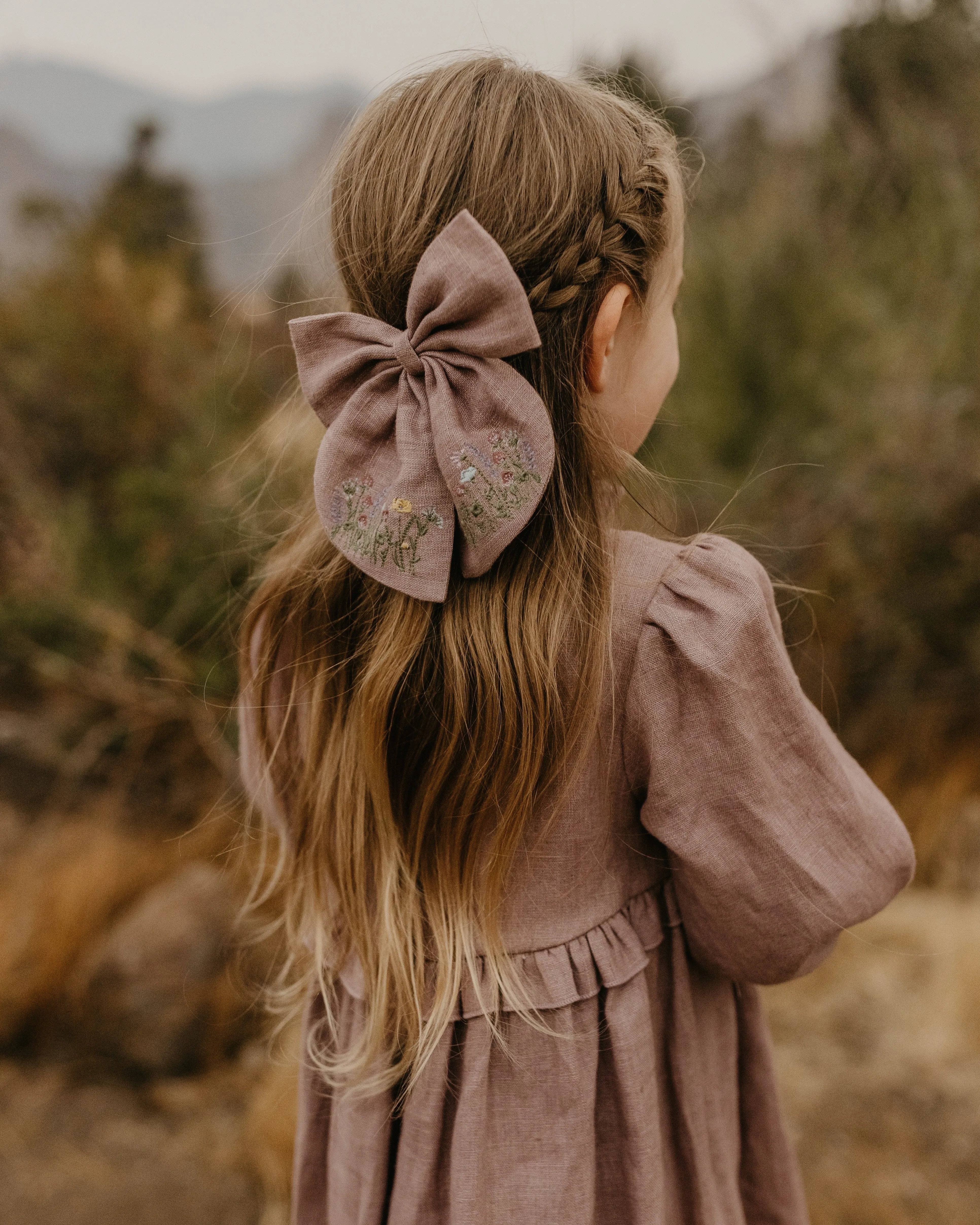 Embroidered Hair Bow with "Clover Meadow" Embroidery in Pale Lilac Linen