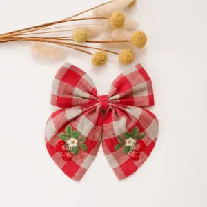 Embroidered Hair Bow with "Strawbery" Embroidery in Cherry Check Linen