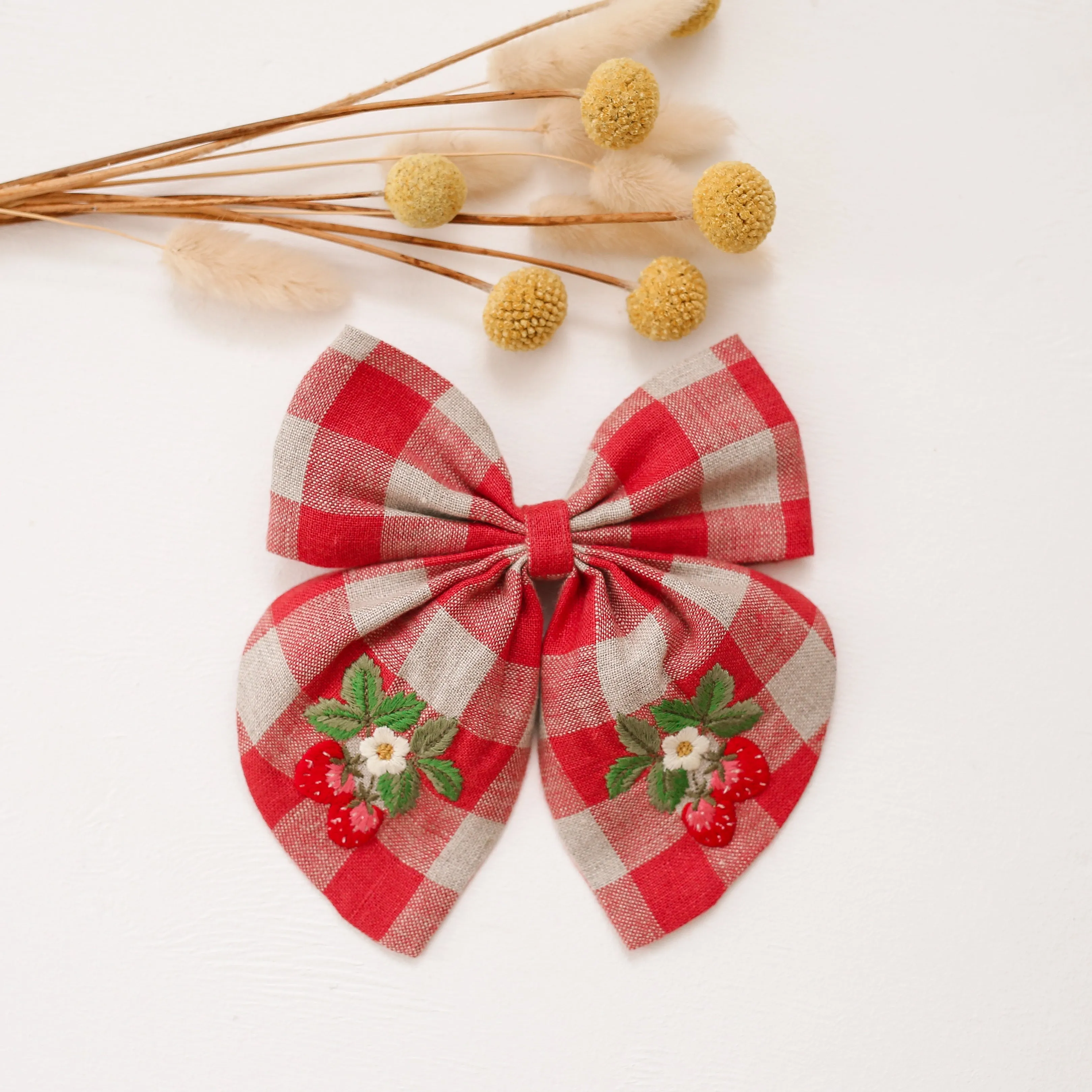 Embroidered Hair Bow with "Strawbery" Embroidery in Cherry Check Linen
