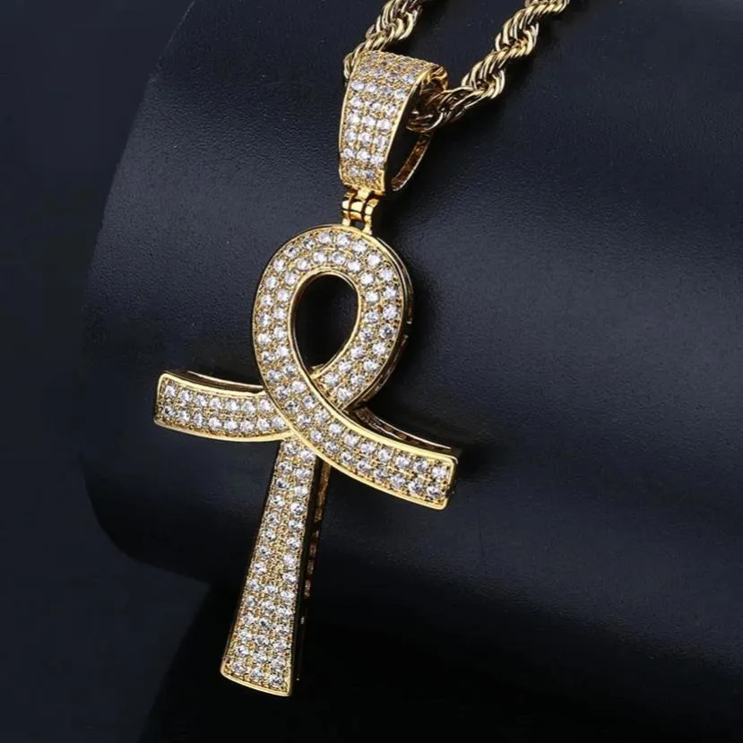 Metallic Ankh Pendant with Cubic Zirconia Crystals and Chain Necklace
