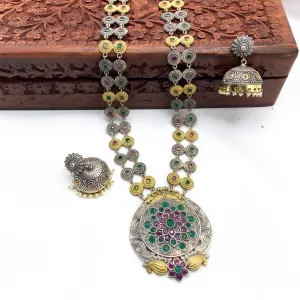 Modern Two tone Oxidized Silver Long Necklace with Jhumka and Red Green Stones Modern Two tone Oxidized Silver Long Necklace with Jhumka and Red Green Stones