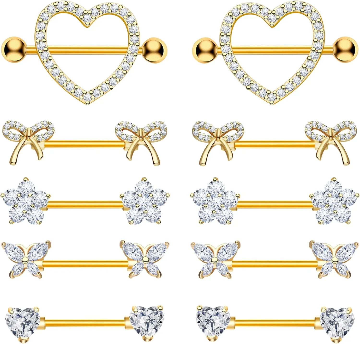 Nipple Rings - Surgical Stainless Steel Gold Silver Pink Blue Purple CZ Heart Butterfly Flower Bow Jewelry - 14 Gauge Nipple Bars and Barbells