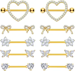 Nipple Rings - Surgical Stainless Steel Gold Silver Pink Blue Purple CZ Heart Butterfly Flower Bow Jewelry - 14 Gauge Nipple Bars and Barbells