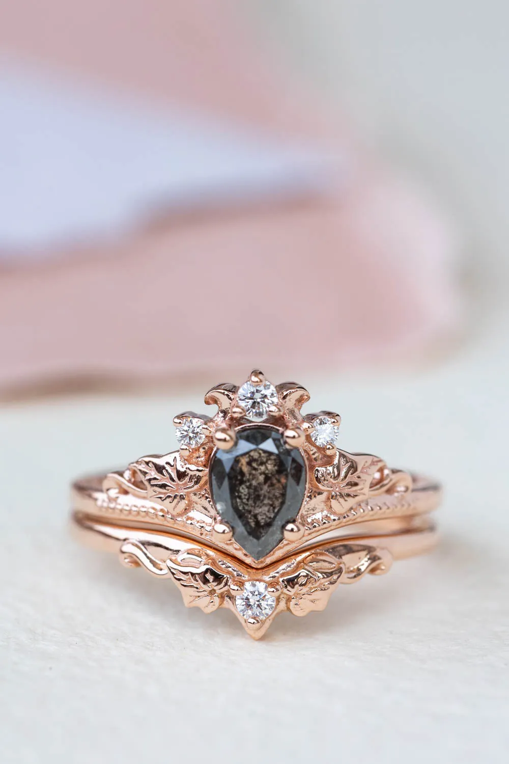Pear salt and pepper diamond engagement ring, rose gold ivy leaves ring with diamonds / Ariadne