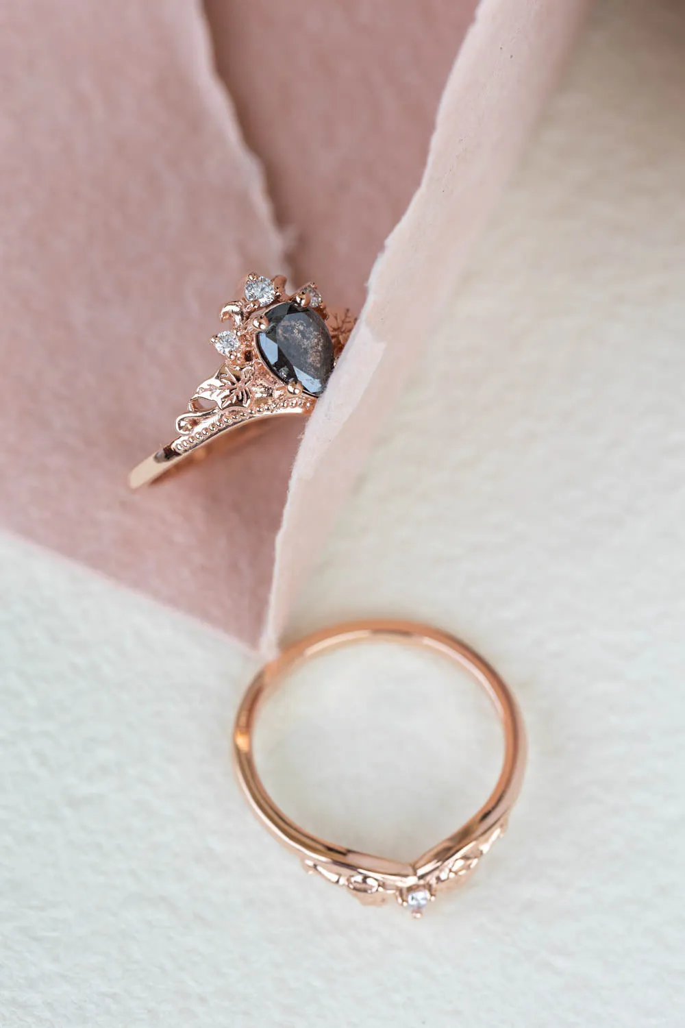 Pear salt and pepper diamond engagement ring, rose gold ivy leaves ring with diamonds / Ariadne