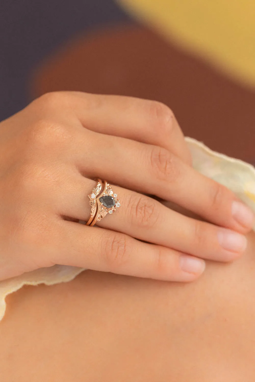 Pear salt and pepper diamond engagement ring, rose gold ivy leaves ring with diamonds / Ariadne