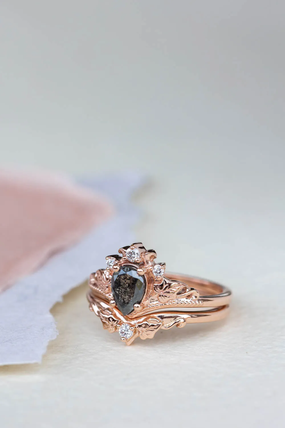 Pear salt and pepper diamond engagement ring, rose gold ivy leaves ring with diamonds / Ariadne