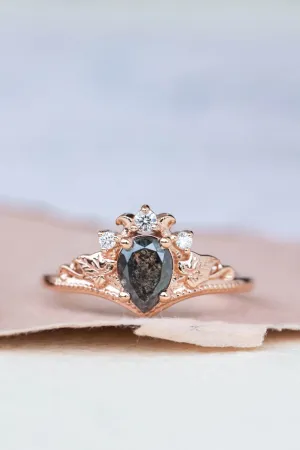 Pear salt and pepper diamond engagement ring, rose gold ivy leaves ring with diamonds / Ariadne