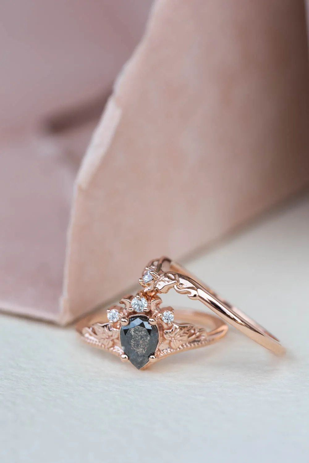 Pear salt and pepper diamond engagement ring, rose gold ivy leaves ring with diamonds / Ariadne