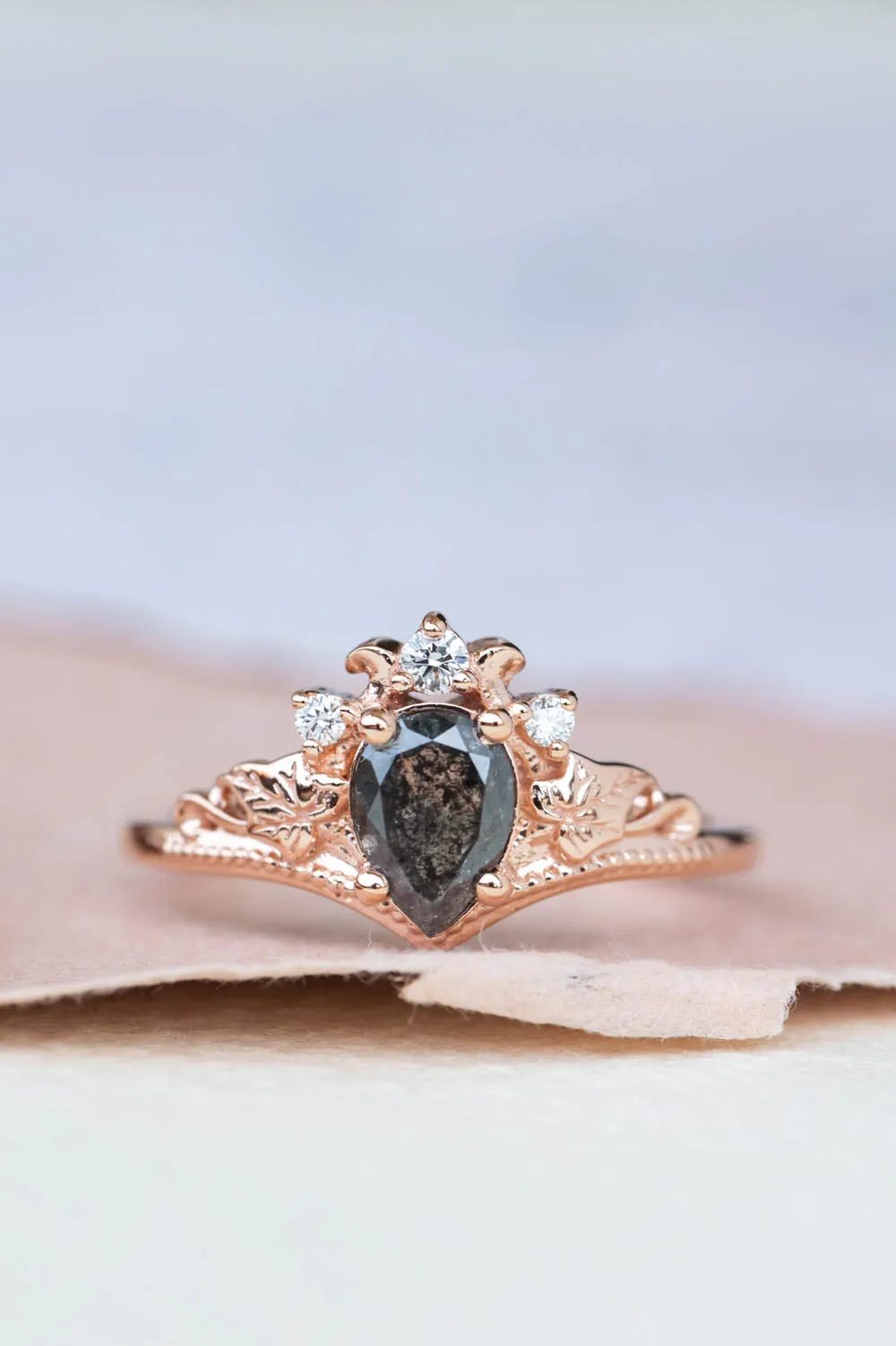 Pear salt and pepper diamond engagement ring, rose gold ivy leaves ring with diamonds / Ariadne
