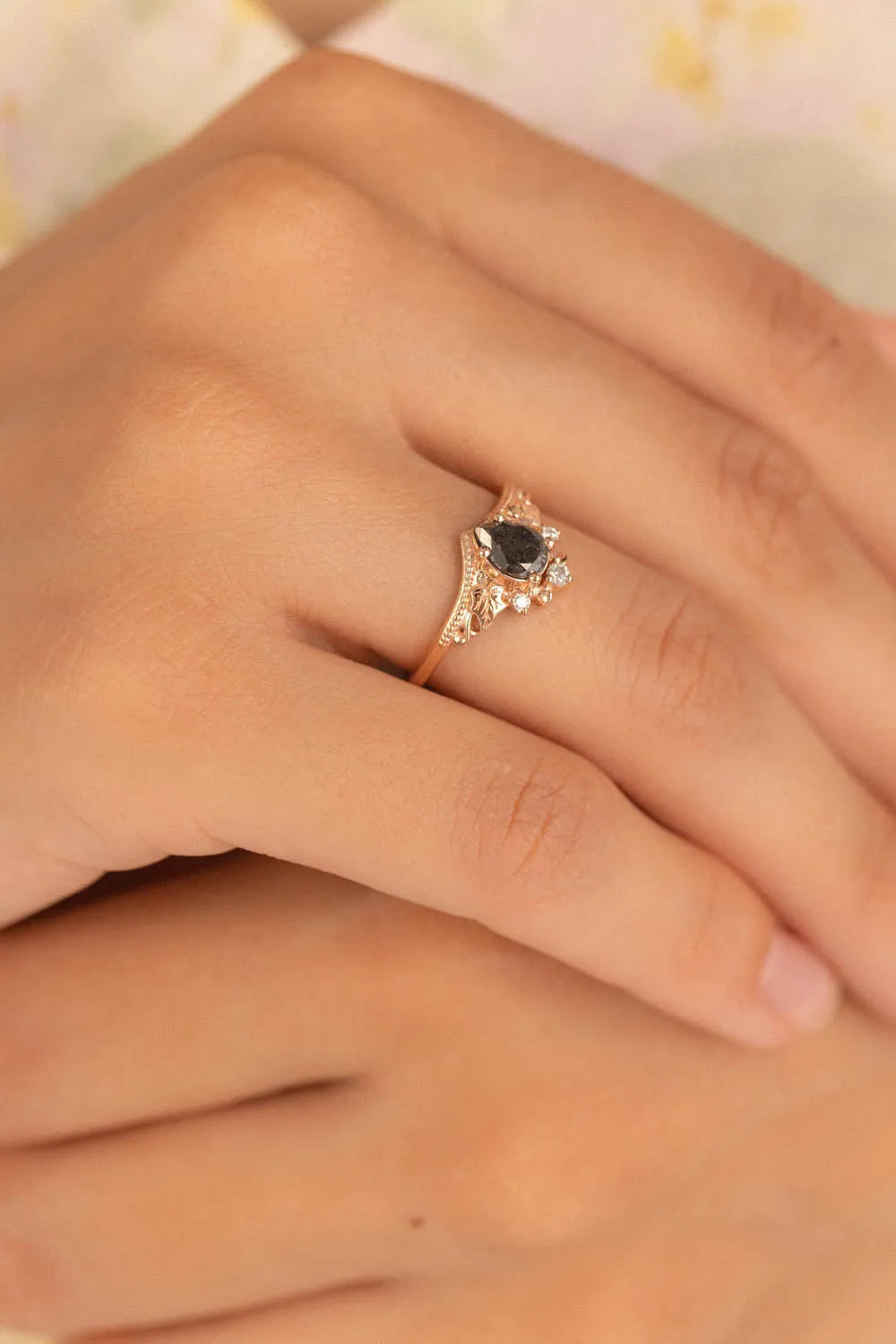 Pear salt and pepper diamond engagement ring, rose gold ivy leaves ring with diamonds / Ariadne