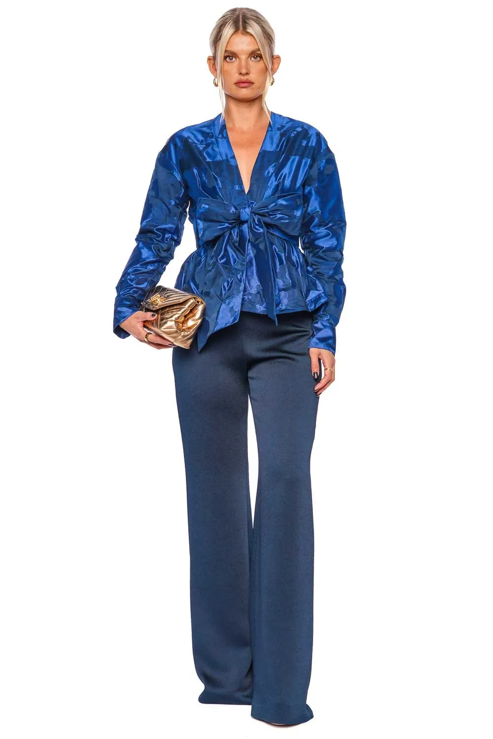 Saanvi Navy Jacquard Long Sleeve Blouse