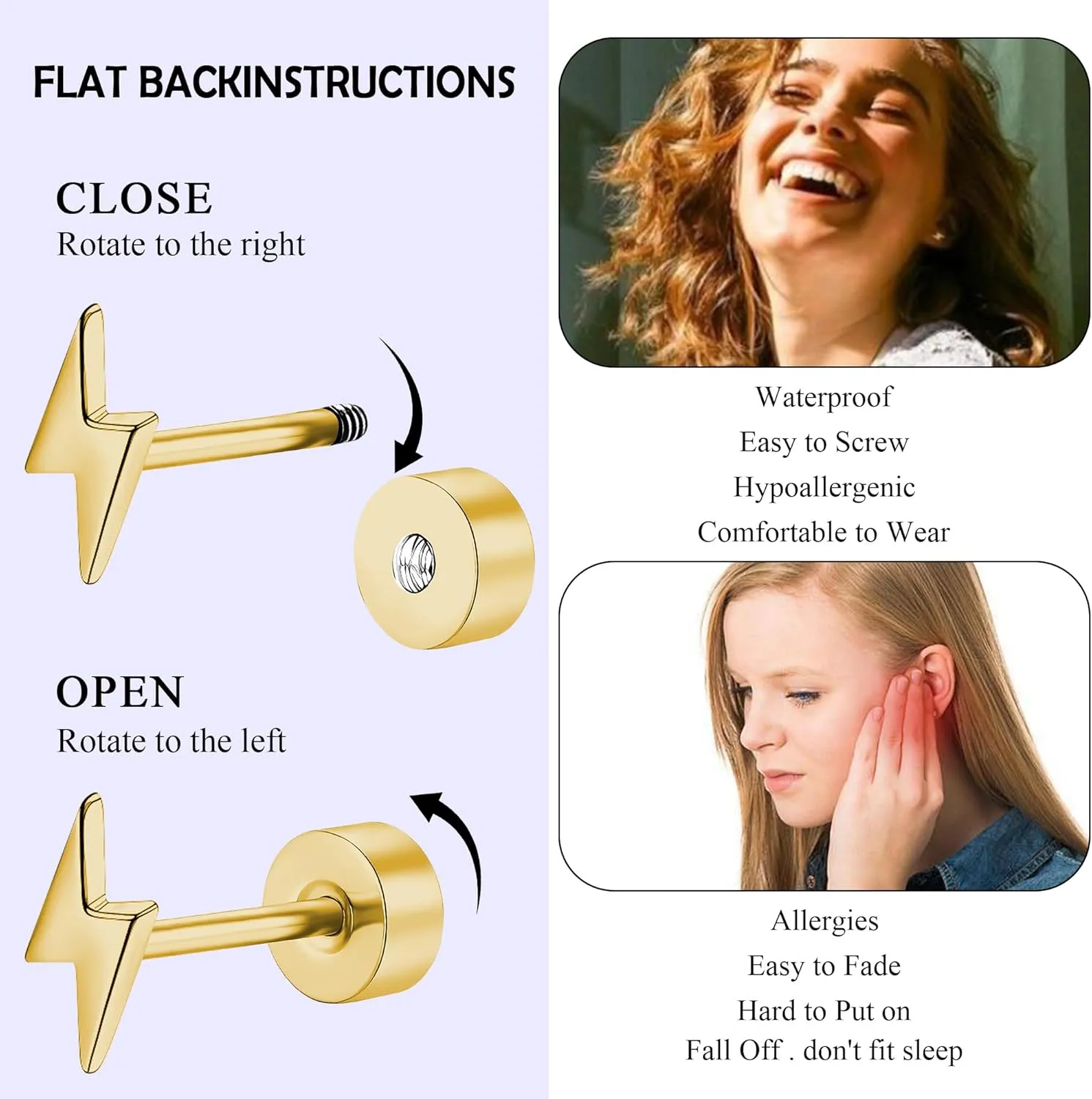 ZDE Titanium Women Flatback Earrings Celestial Lightning Bolt Stud Earrings 5mm Flat Back CZ Earrings Hypoallergenic Cartilage Flatback Earring Tragus Helix Tragus Conch Piercing