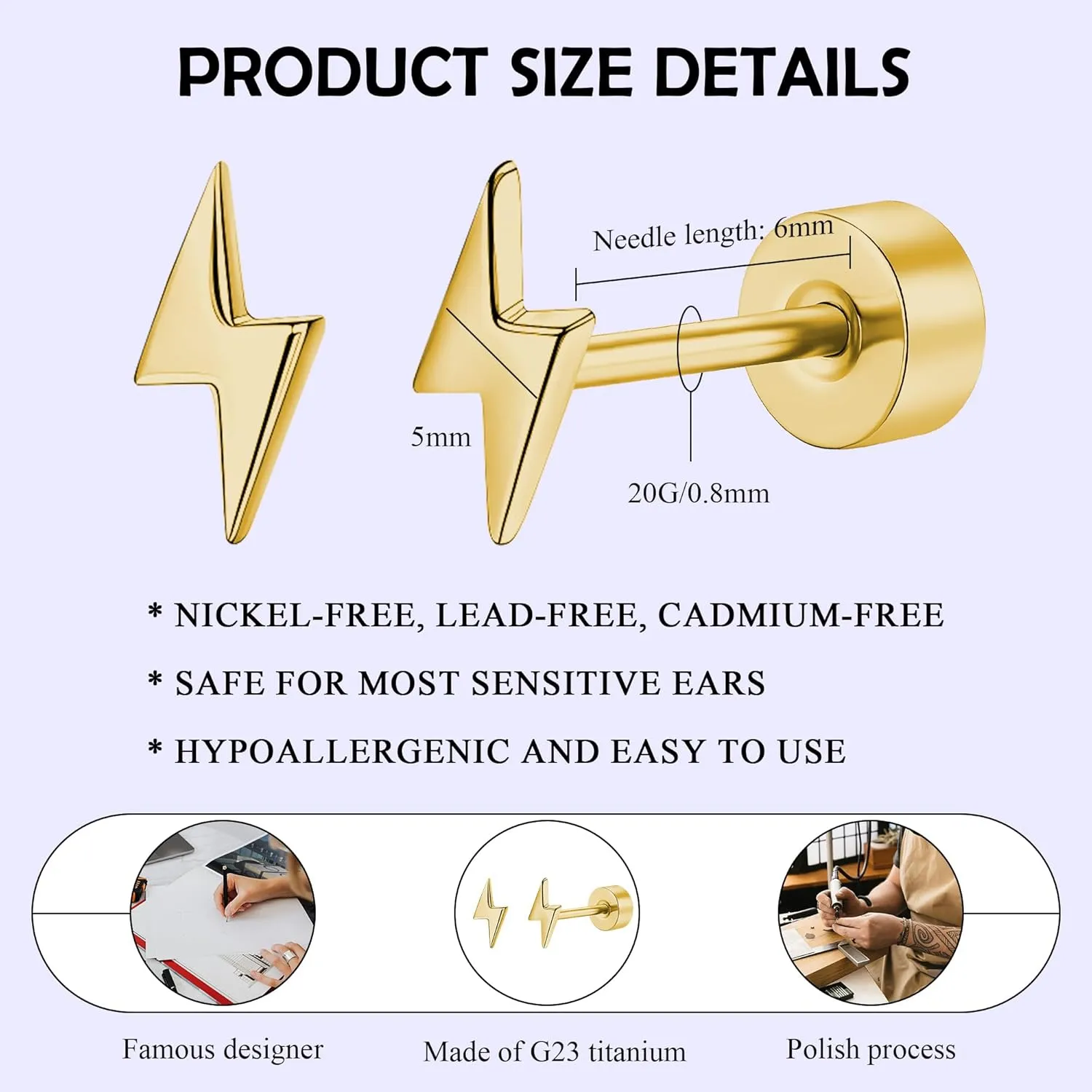 ZDE Titanium Women Flatback Earrings Celestial Lightning Bolt Stud Earrings 5mm Flat Back CZ Earrings Hypoallergenic Cartilage Flatback Earring Tragus Helix Tragus Conch Piercing